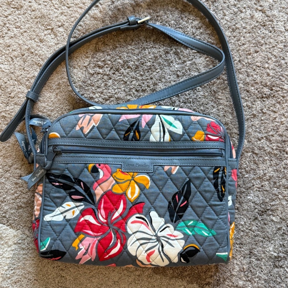 Vera Bradley Tropical Floral Quilted Cotton Triple Zip‎ Crossbody Bag Grey 24847
